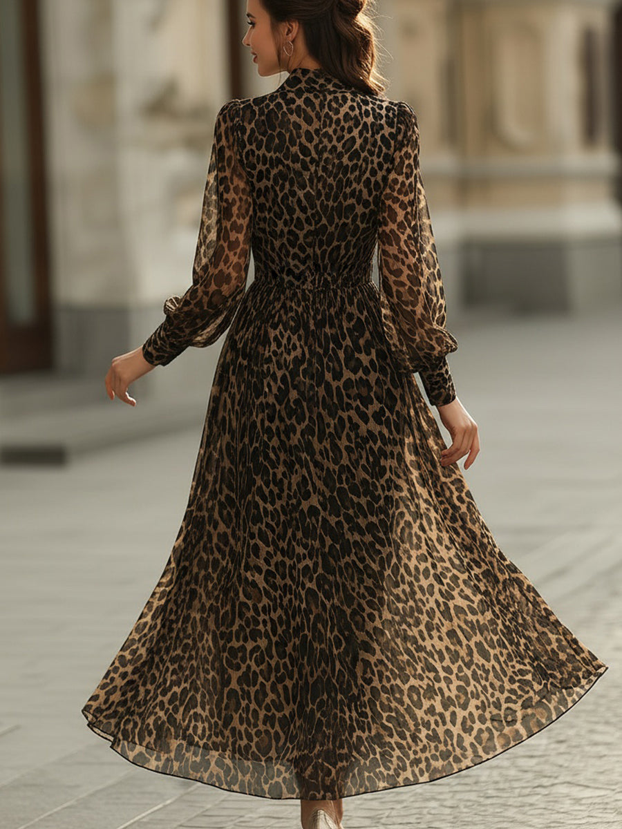 Leopard Print Wrap Midi Dress with Long Sleeves