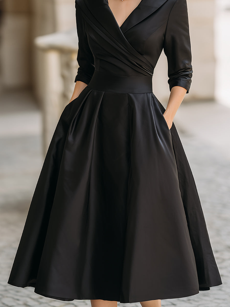 Vintage-Inspired Satin Midi Dress with Draped Collar