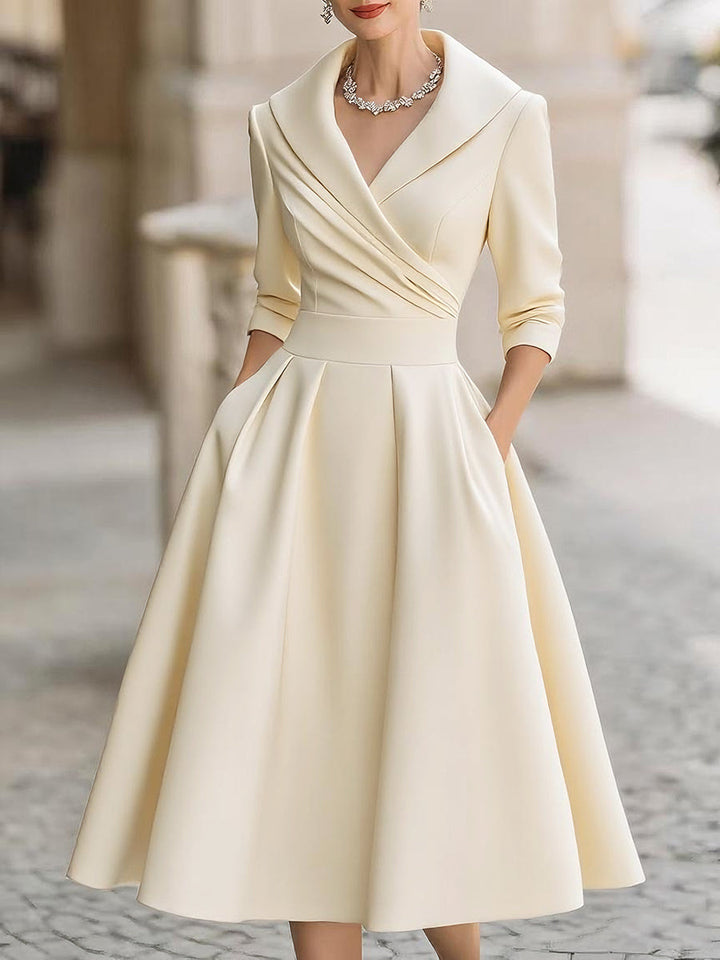 Vintage-Inspired Satin Midi Dress with Draped Collar