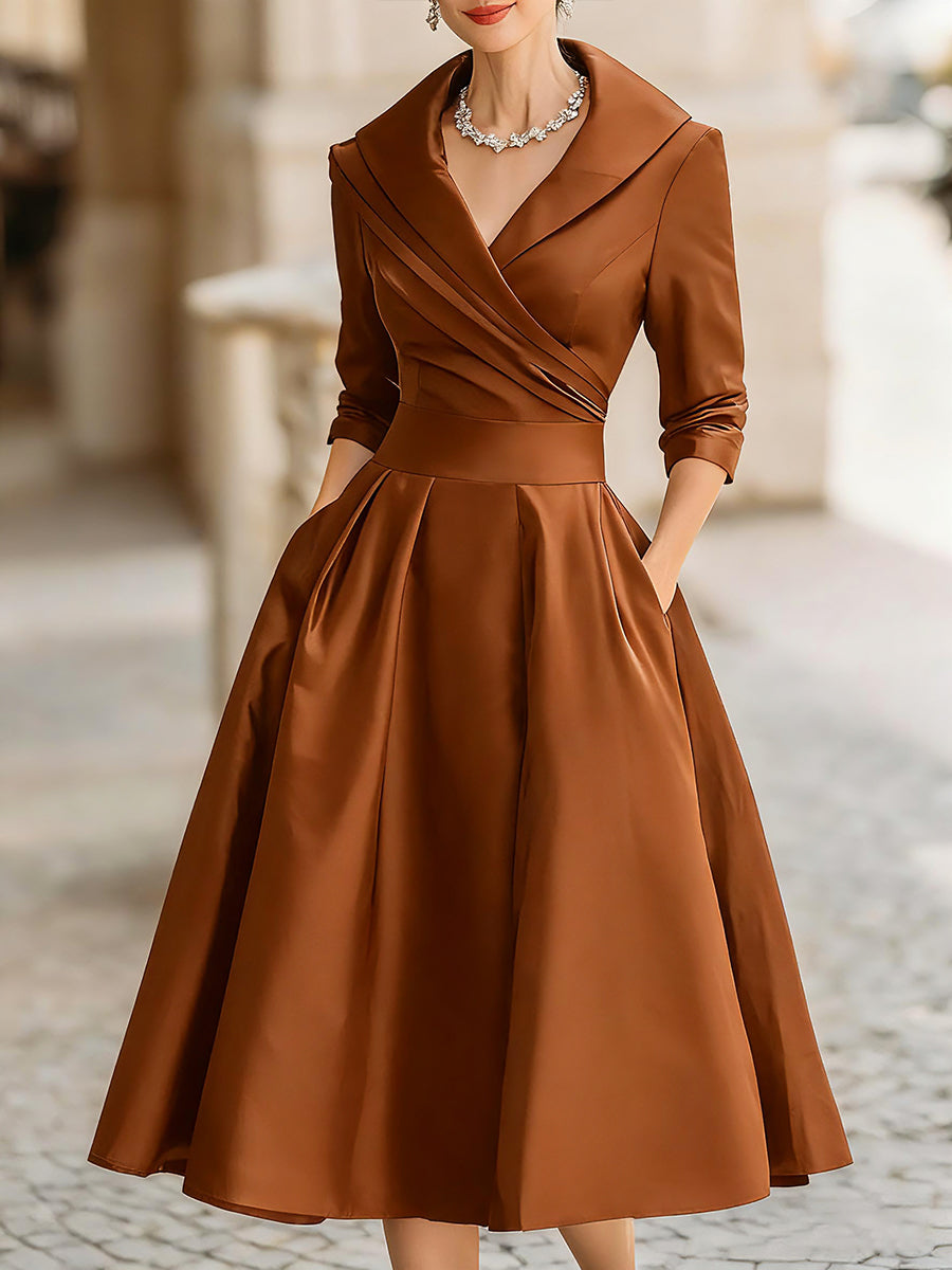 Vintage-Inspired Satin Midi Dress with Draped Collar