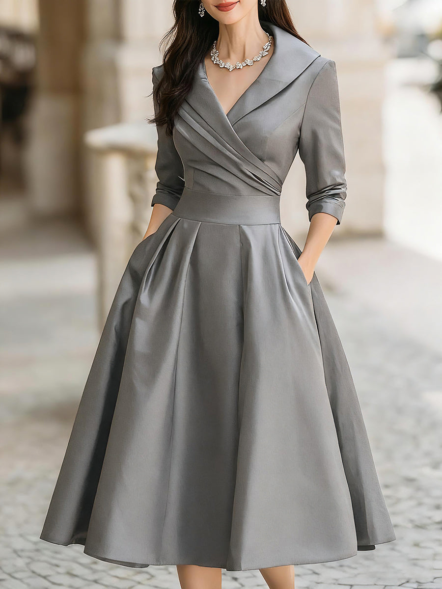 Vintage-Inspired Satin Midi Dress with Draped Collar