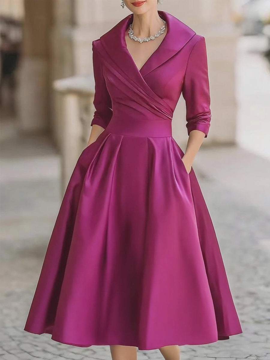 Vintage-Inspired Satin Midi Dress with Draped Collar
