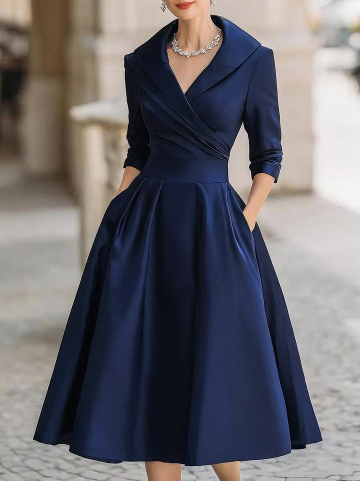 Vintage-Inspired Satin Midi Dress with Draped Collar