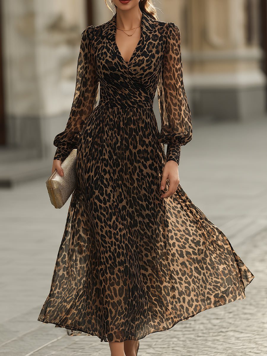 Leopard Print Wrap Midi Dress with Long Sleeves