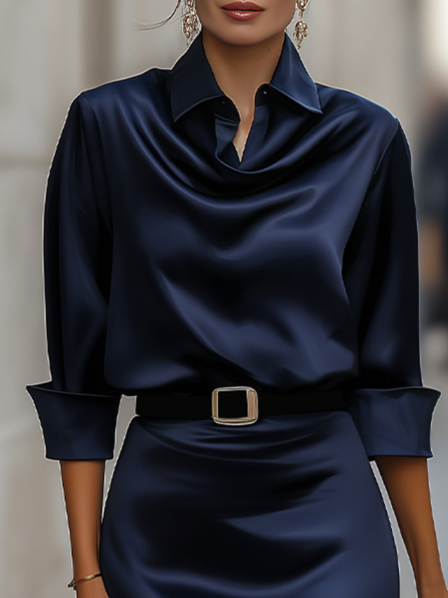 Elegant Satin Draped-Collar Midi Dress with Black Belt