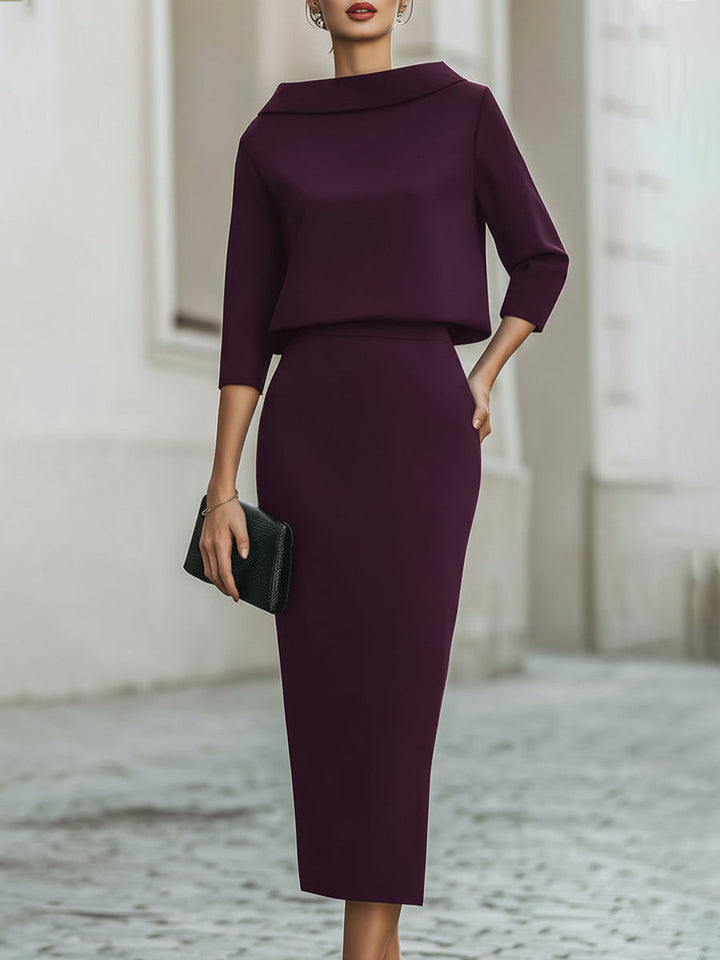 Boat Neck Top and Midi Skirt Set
