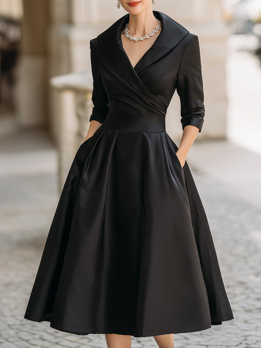 Vintage-Inspired Satin Midi Dress with Draped Collar