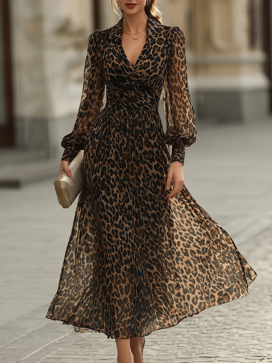 Leopard Print Wrap Midi Dress with Long Sleeves